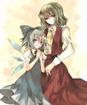  age_difference ascot blue_eyes bow cirno dress dress_shirt flower green_hair hair_bow hand_on_shoulder highres hina_(pico) ice ice_wings kazami_yuuka multiple_girls open_mouth red_eyes shirt short_hair touhou vest white_shirt wings 