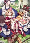  apron armor bad_id bad_pixiv_id blonde_hair blush bobby_socks boots bow braid breasts brown_eyes brown_hair bunny cancer_gardener cup gun hair_bow head_wreath highres lap_pillow large_breasts lena_(zoal) long_hair lying maid maid_headdress multiple_girls musket on_back picnic_basket red_eyes serie_(shingeki_no_bahamut) shingeki_no_bahamut short_hair smile socks sword teacup teapot tray weapon white_legwear 