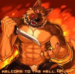  anthro biceps big_muscles brown_fur canine claws clothed clothing collar demonic dog drks fangs fur german_shepherd half-dressed knife licking licking_lips looking_at_viewer male mammal muscles ok open_mouth pants pecs pose red_eyes solo standing text tongue tongue_out topless trousers weapon 