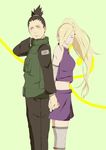  1boy 1girl back-to-back black_hair blonde_hair blush eyes_closed flak_jacket hair_ornament hair_over_one_eye hairclip hand_holding long_hair nara_shikamaru naruto ponytail smile yamanaka_ino 