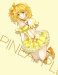  blonde_hair boots character_name choker cure_pine dress earrings fresh_precure! hair_ornament heart heart_hair_ornament highres jewelry magical_girl orange_choker precure ribbon short_hair smile solo sorano_tsukiko wrist_cuffs yamabuki_inori yellow_eyes 