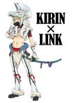  armor blonde_hair blue_eyes blush crossover elbow_gloves gloves helmet inumimi_moeta jewelry kirin_(armor) link male_focus midriff monster_hunter navel necklace pointy_ears sheath sheathed solo sword the_legend_of_zelda the_legend_of_zelda:_twilight_princess weapon 