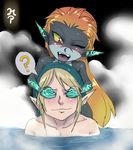  1girl ? blonde_hair blush covering_eyes fang grabbing grabbing_from_behind hair_down imp link long_hair maniacpaint midna neon_trim nude one_eye_closed onsen orange_hair partially_submerged pointy_ears red_eyes steam the_legend_of_zelda the_legend_of_zelda:_twilight_princess very_long_hair yellow_sclera 