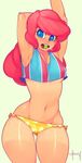  armpits arms_up bikini blue_eyes breasts candy curvy doxy food freckles lollipop long_hair lowleg lowleg_bikini medium_breasts midriff mouth_hold my_little_pony my_little_pony_friendship_is_magic narrow_waist navel personification pink_hair pinkie_pie signature simple_background solo swimsuit tan tankini tanline thick_thighs thigh_gap thighs underboob wide_hips 