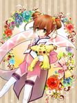  anise_tatlin anise_tatlin_(cosplay) bad_id bad_pixiv_id brown_hair coat cosplay doll floral_background flower gloves green_eyes highres rita_mordio rose short_hair short_twintails solo tales_of_(series) tales_of_the_abyss tales_of_vesperia thighhighs tokunaga twintails urihara84 white_legwear 