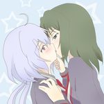  alternate_costume bad_id bad_pixiv_id blush flat_color french_kiss green_eyes green_hair hand_on_another's_face idcon kiss kohinata_miku lavender_hair long_hair lydian_academy_uniform multiple_girls purple_eyes school_uniform senki_zesshou_symphogear star twintails yukine_chris yuri 