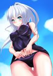  absurdres blue_eyes cloud curvy day highres mononobe_no_futo nekonayasai no_hat no_headwear one-piece_swimsuit ponytail school_swimsuit short_hair silver_hair sky smile solo swimsuit touhou 