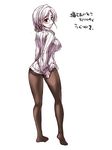  breasts brown_eyes glasses legs long_hair long_legs medium_breasts original pantyhose ribbed_sweater simple_background solo sweater tokita_monta translation_request white_background white_hair 