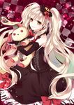  an-mar blonde_hair bow doll dress elbow_gloves gloves highres long_hair looking_at_viewer mayu_(vocaloid) piano_print smile solo stuffed_animal stuffed_bunny stuffed_toy twintails usano_mimi very_long_hair vocaloid yellow_eyes 