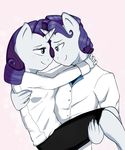  anthro anthrofied blue_eyes carrying chicasonic clothing crossgender duo equine eye_contact female friendship_is_magic fur hair holding horn male mammal my_little_pony purple_hair rarity_(mlp) shaded square_crossover unicorn white_fur 