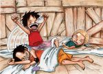  3boys barefoot bed_sheet black_hair blonde_hair brothers chuu_(tyuunyuu) east_blue freckles male male_focus monkey_d_luffy multiple_boys one_piece portgas_d_ace sabo_(one_piece) sheets siblings sitting sleeping smile tree_house younger 