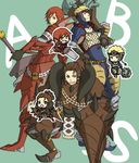  bad_id bad_pixiv_id blonde_hair blue_eyes brown_hair chibi chikita0920 colorized diablos_(armor) looking_at_viewer male_focus monster_hunter multiple_boys nargacuga_(armor) open_mouth rathalos_(armor) red_eyes red_hair simple_background smile tigrex_(armor) weapon 