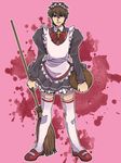  alternate_costume apron bad_id bad_pixiv_id bow broom brown_eyes brown_hair cross cross_necklace crossdressing dress enmaided fate/zero fate_(series) jewelry kotomine_kirei maid maid_headdress male_focus necklace red-trio solo thighhighs 