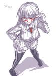  breasts glasses hand_on_hip large_breasts looking_at_viewer necktie original red-framed_eyewear red_eyes ribbed_sweater simple_background skirt solo spot_color sweater thighhighs tokita_monta translated white_background 
