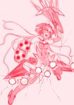  action armor bodysuit bow_(weapon) bullet_hole crossbow energy_arrow fourth_wall gatling_gun gun highres hisou_noa magical_girl monochrome red senki_zesshou_symphogear sketch solo thighhighs twintails weapon yukine_chris 