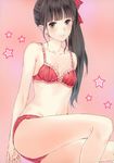  bare_shoulders bow bra brown_eyes brown_hair hair_bow highres kishida_mel long_hair looking_at_viewer original panties red_bra red_panties scan side_ponytail solo underwear underwear_only 