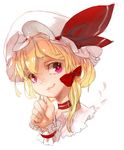  blonde_hair blush bow choker flandre_scarlet hair_bow hat hat_ribbon red_eyes ribbon short_hair side_ponytail simple_background smile solo tlman touhou upper_body white_background wrist_cuffs 