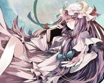  bare_legs bow capelet crescent hair_bow hat hat_ribbon hina_(pico) long_hair looking_at_viewer one_eye_closed outstretched_hand parted_lips patchouli_knowledge purple_eyes purple_hair ribbon solo touhou very_long_hair 