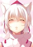  animal_ears blush closed_eyes face hat highres inubashiri_momiji lips solo tokin_hat touhou upper_body white_hair wolf_ears yanagi_yuu 