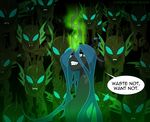  2013 blue_eyes cat_eyes changeling dialog english_text fangs female friendship_is_magic glowing green_eyes green_hair hair holes horn long_hair looking_at_viewer magic my_little_pony queen_chrysalis_(mlp) tarajenkins text wings 