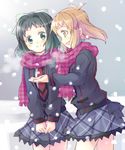  brown_hair checkered checkered_scarf green_eyes green_hair hand_on_back kohinata_miku lydian_academy_uniform multiple_girls orange_eyes pink_scarf scarf school_uniform senki_zesshou_symphogear shared_scarf snowing tachibana_hibiki_(symphogear) yoshi_(koloio) yuri 