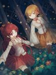  alternate_costume bad_id bad_pixiv_id blonde_hair cuivre drill_hair flower forest holding_hands long_hair mahou_shoujo_madoka_magica multiple_girls nature one_eye_closed ponytail red_eyes red_hair sakura_kyouko skirt thighhighs tomoe_mami twin_drills twintails yellow_eyes 