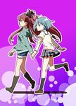  blue_eyes blue_hair holding_hands long_hair mahou_shoujo_madoka_magica mesushirindaa miki_sayaka multiple_girls ponytail red_eyes red_hair sakura_kyouko school_uniform short_hair skirt walking 