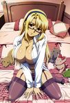  1girl absurdres areola_slip areolae bed bed_sheet black_legwear blonde_hair breasts center_opening cleavage feet freezing_(series) garter_belt garters glasses hairband highres incredibly_absurdres kneeling large_breasts long_hair moriyama_yuji navel no_bra official_art open_clothes open_shirt panties pillow satellizer_el_bridget shirt solo stuffed_animal stuffed_toy thighhighs underwear v_arms 