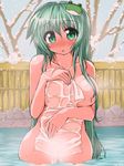  :o breasts collarbone frog_hair_ornament green_eyes green_hair hair_ornament kochiya_sanae large_breasts long_hair naitou_kouse nude onsen partially_submerged solo thick_thighs thighs touhou towel very_long_hair wet 