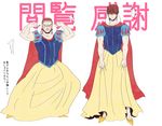  blush bow cape cosplay crossdressing disney dress fate/zero fate_(series) father_and_son flexing hair_bow kotomine_kirei kotomine_risei multiple_boys muscle natsu_yasai parody pose puffy_sleeves shaded_face snow_white snow_white_(cosplay) snow_white_and_the_seven_dwarfs 