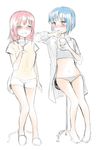  bad_id bad_pixiv_id blue_hair blush boyshorts closed_eyes cup dddoochi1 drinking_glass drunk grey_panties hair_down hair_ornament hairclip highres kaname_madoka mahou_shoujo_madoka_magica midriff miki_sayaka multiple_girls navel open_clothes open_shirt panties pink_hair shirt short_hair sports_bra stool t-shirt unbuttoned underwear wine_glass 