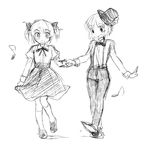  alternate_costume bad_id bad_pixiv_id bow dancing dddoochi1 dress eighth_note greyscale hair_bow hat highres holding_hands kaname_madoka mahou_shoujo_madoka_magica miki_sayaka monochrome multiple_girls musical_note overalls short_twintails sketch smile top_hat twintails 