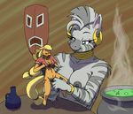  anthro anthrofied applejack_(mlp) blush bottle bottomless breasts cauldron doll ear_piercing equine ethanqix female fingering friendship_is_magic hindpaw horse human_feet jewelry lesbian mammal mask micro mohawk my_little_pony nipple_piercing nipples nude paws piercing plantigrade pony pussy pussy_juice size_difference smile standing stripes tribal zebra zecora_(mlp) 