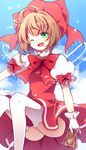  ;d anthiea bad_id bad_pixiv_id brown_hair card cardcaptor_sakura clow_card dress gloves green_eyes hat kinomoto_sakura magical_girl one_eye_closed open_mouth pink_hat ribbon short_hair smile thighhighs white_gloves wings 