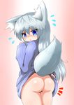  1girl animal_ears ass blue_eyes bottomless female from_behind grey_hair long_hair looking_back no_panties shirt_lift silenceblack silver_hair solo sweater tail wolf_ears wolf_tail 