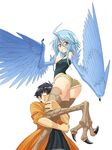  1girl ahoge ass bare_shoulders blank_eyes blue_hair blue_wings breasts claws feathered_wings feathers harpy kurusu_kimihito looking_at_viewer monster_girl monster_musume_no_iru_nichijou official_art okayado papi_(monster_musume) short_hair short_shorts shorts simple_background small_breasts smile talons white_background wings yellow_eyes 