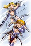  2girls absurdres armor belt bikini_armor blonde_hair blue_eyes blush braid breasts buckle cleavage earrings elbow_gloves elina fur gauntlets gloves hairband highres hisayuki_hirokazu jewelry leina loincloth multiple_girls necklace official_art queen&#039;s_blade queen's_blade siblings sisters strap sword twin_braids weapon wink 