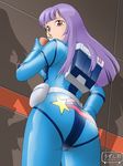  artist_name ass back bad_id bad_pixiv_id breasts drinking gundam gundam_zz long_hair looking_back medium_breasts pilot_suit purple_eyes purple_hair roux_louka science_fiction shadow smile soda solo spacesuit uzushio_(uzusio) 