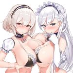  2girls anchor_choker azur_lane bare_shoulders belfast_(azur_lane) bikini black_bikini blue_eyes blush breast_press breasts chains choker closed_mouth collar collarbone commentary_request detached_sleeves elbow_gloves gloves jewelry lace lace-trimmed_bikini lace-trimmed_choker lace-trimmed_hairband lace_trim large_breasts looking_at_viewer maid_headdress multiple_girls nanae puffy_sleeves red_eyes ring short_sleeves silver_hair simple_background sirius_(azur_lane) smile swimsuit symmetrical_docking tongue tongue_out wedding_ring white_background white_gloves white_hair 