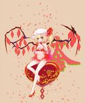  alternate_costume bare_legs bare_shoulders blonde_hair bridal_gauntlets flandre_scarlet hat hat_ribbon heart high_heels navel new_year red_eyes ribbon shoes short_hair side_ponytail smile solo touhou wings zimajiang 