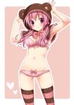  animal_ears armpits arms_up bear_ears belly blush bra breasts frilled_panties frills halftone halftone_background hood looking_at_viewer medium_breasts navel original panties pink_hair shiny shiny_skin short_hair skindentation smile solo striped striped_legwear thighhighs tottoto_tomekichi underwear underwear_only 