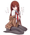  blush brown_hair highres legwear_under_shorts long_hair looking_at_viewer makise_kurisu mouth_hold necktie pantyhose red_neckwear shorts shoumaru_(gadget_box) simple_background sitting solo steins;gate translated valentine white_background 