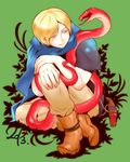  2013 axis_powers_hetalia blonde_hair boots cape finland_(hetalia) full_body male_focus new_year purple_eyes rebasashi smile snake solo 