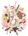  :o animal_ears bad_id bad_pixiv_id black_legwear blonde_hair blue_eyes blush bow bunny_ears candy chocolate cupcake food gloves hair_bow heart highres long_hair looking_at_viewer miy original pantyhose pocky simple_background solo valentine white_background white_gloves 