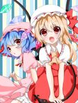  ascot bad_id bad_pixiv_id bat_wings blonde_hair bloomers blue_hair brooch colorized dyumo_(moffri) fang flandre_scarlet hat hat_ribbon jewelry laevatein looking_at_viewer multiple_girls open_mouth puffy_sleeves red_eyes remilia_scarlet ribbon shirt short_sleeves siblings side_ponytail sisters skirt skirt_set slit_pupils smile striped striped_background touhou underwear v_arms vest wings zeroko-san_(nuclear_f) 
