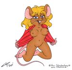  blonde_hair blue_eyes breasts cap_(artist) female hair looking_at_viewer mammal marc_schnakenberg mice mouse nipples nude plain_background pussy red_shirt rodent smile solo whiskers white_background 