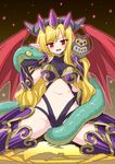  :d animal animal_on_shoulder bird black_gloves blonde_hair blush demon_wings fangs gloves highres horns lilith_(p&amp;d) long_hair marugoshi_(54burger) navel open_mouth owl pauldrons pointy_ears puzzle_&amp;_dragons red_eyes smile snake solo spread_legs wings 