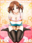  bare_shoulders black_legwear breasts brown_eyes brown_hair cleavage english heart highres huge_breasts idolmaster idolmaster_cinderella_girls jewelry looking_at_viewer necklace off_shoulder shirt short_hair sitting size_hermitage skindentation smile solo strap_slip striped striped_shirt taut_clothes taut_shirt thighhighs thighs totoki_airi twintails valentine wariza 