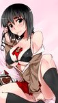  bare_shoulders between_breasts bikini_top black_eyes black_hair black_legwear blush bow box breasts chocolate cosaten covering covering_crotch eyewear_in_mouth eyewear_removed food glasses heart highres mouth_hold pocky school_rumble short_hair skirt suou_mikoto sweat 