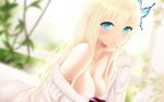  aqua_eyes blonde_hair blush boku_wa_tomodachi_ga_sukunai box breasts butterfly_hair_ornament cait cleavage gift gift_box hair_ornament highres kashiwazaki_sena large_breasts long_hair solo sweater valentine 